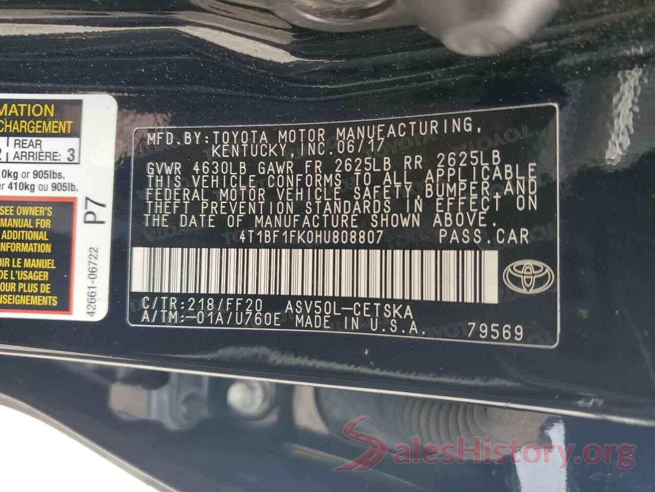 4T1BF1FK0HU808807 2017 TOYOTA CAMRY