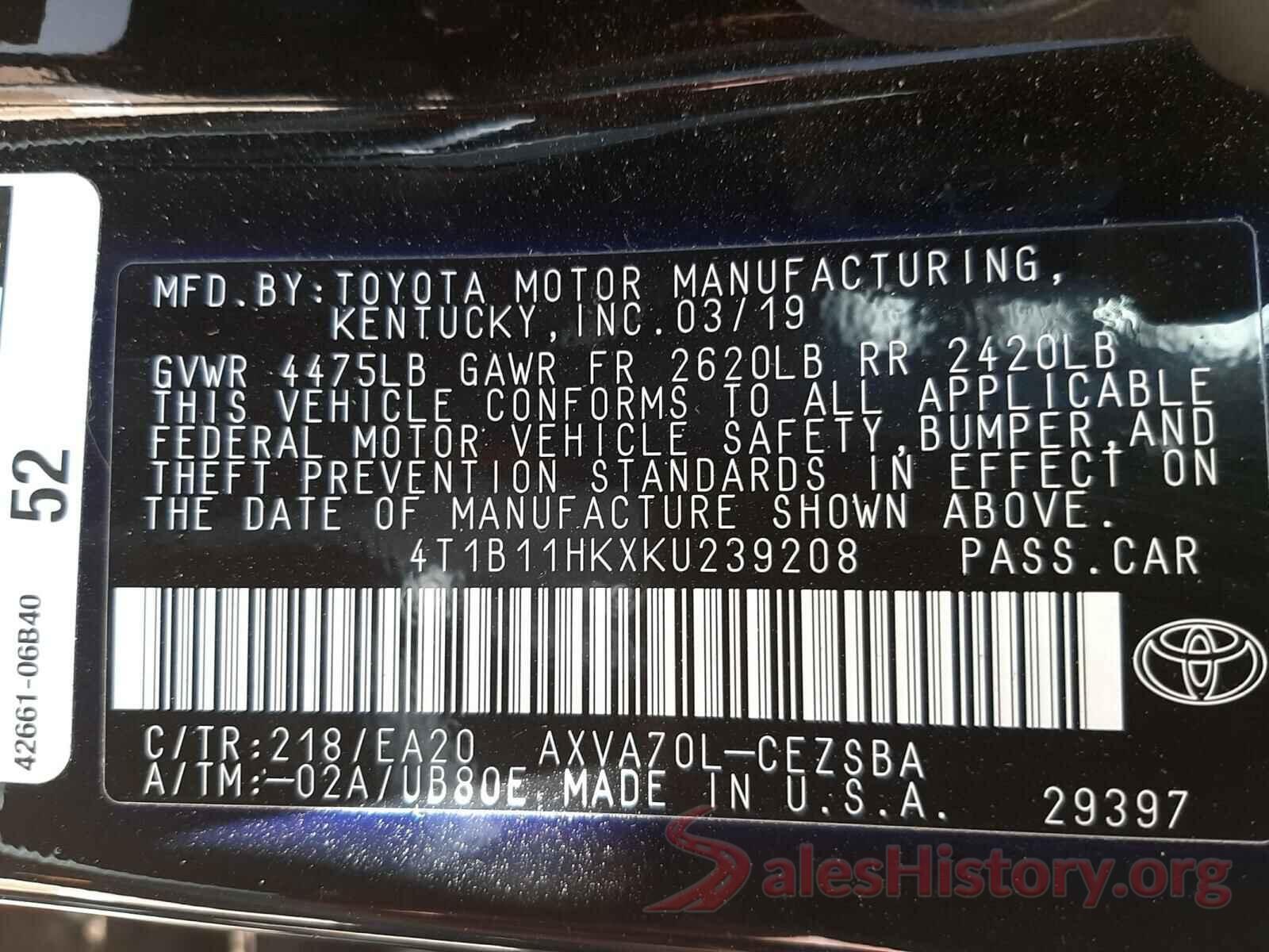 4T1B11HKXKU239208 2019 TOYOTA CAMRY