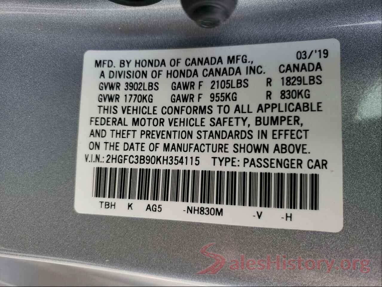 2HGFC3B90KH354115 2019 HONDA CIVIC