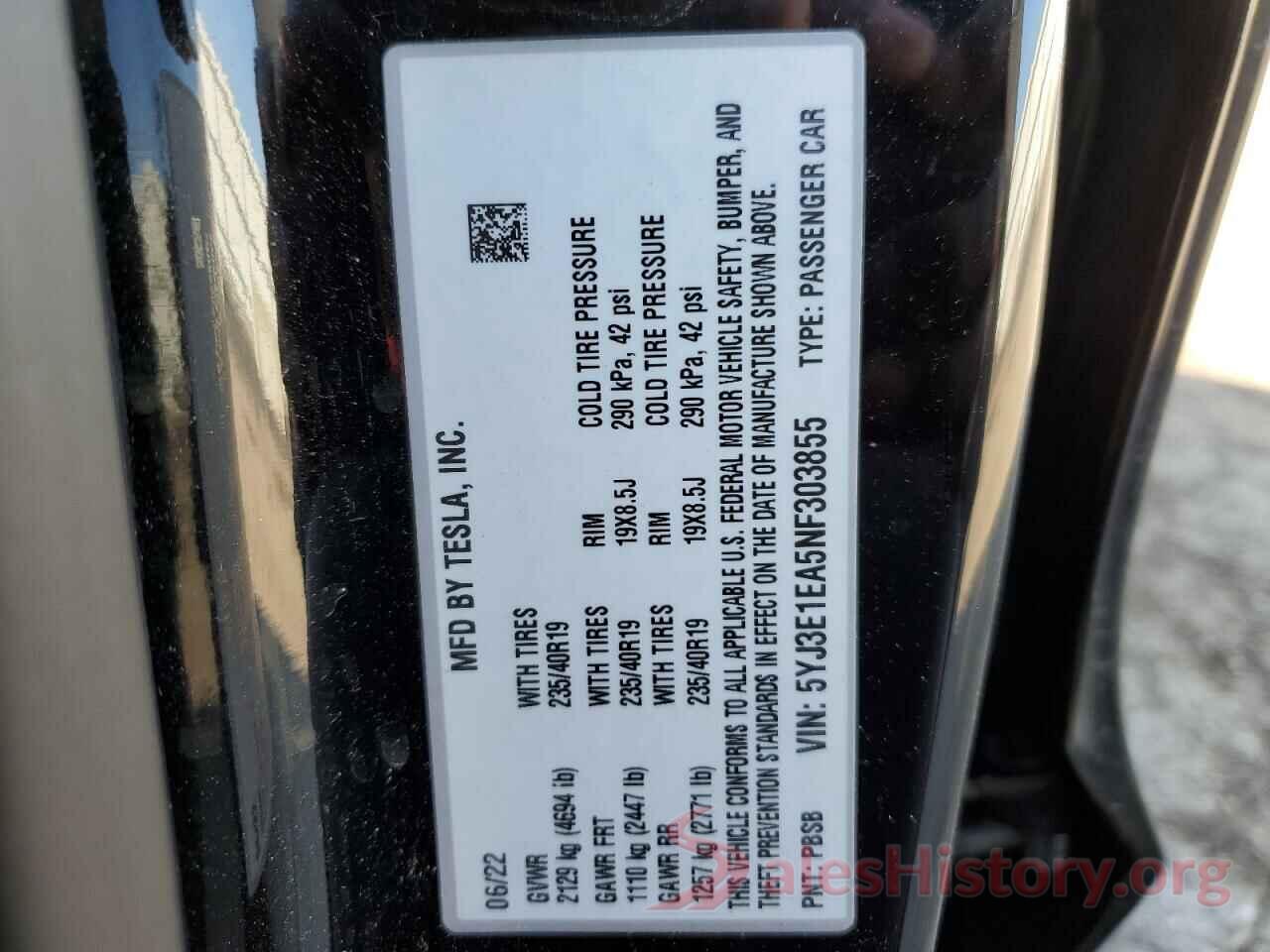 5YJ3E1EA5NF303855 2022 TESLA MODEL 3