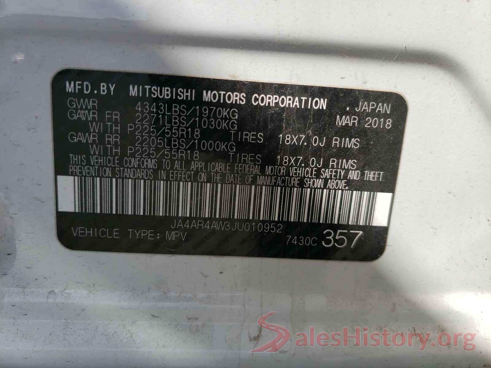 JA4AR4AW3JU010952 2018 MITSUBISHI OUTLANDER