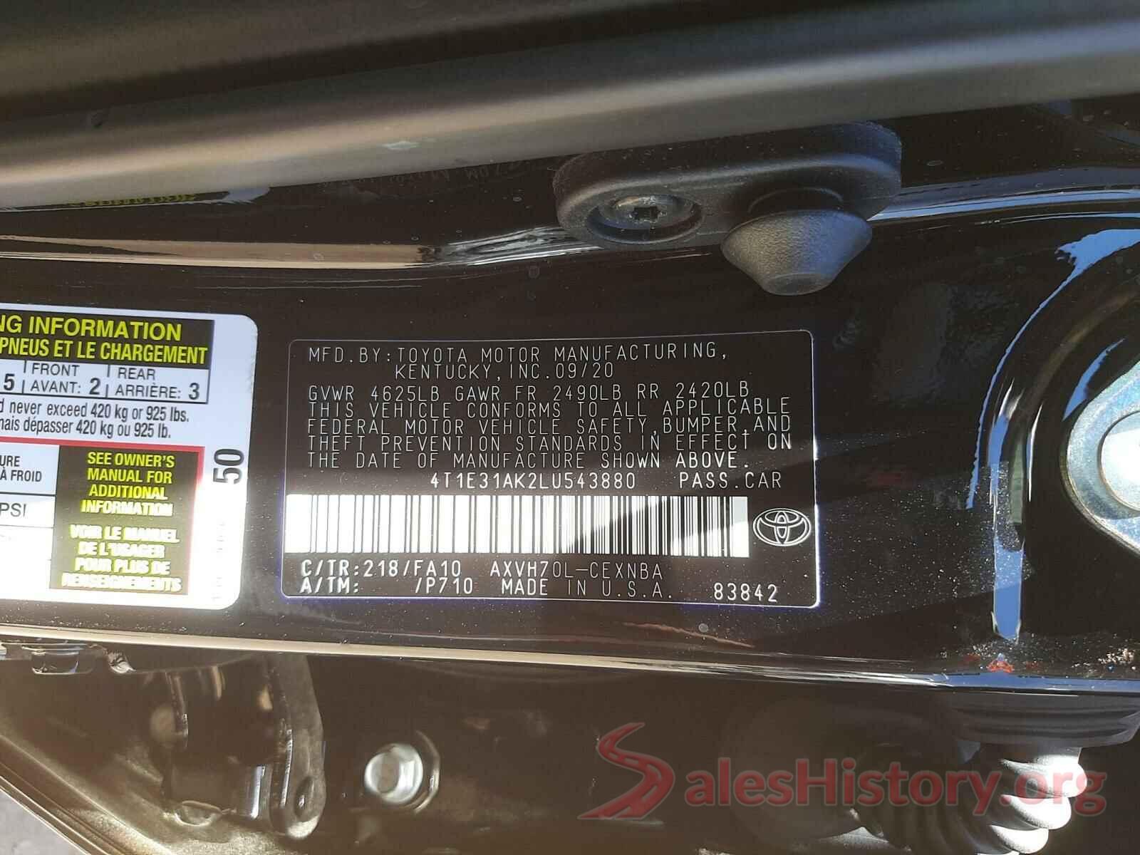 4T1E31AK2LU543880 2020 TOYOTA CAMRY