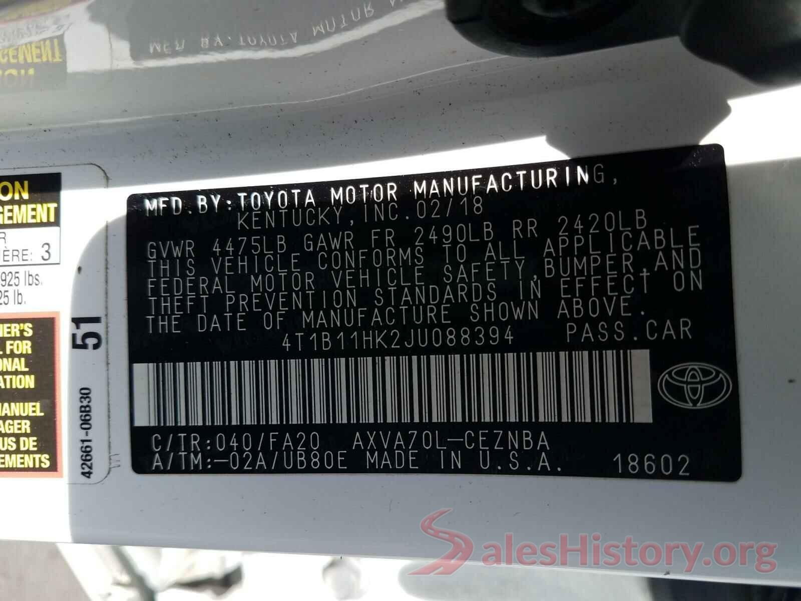 4T1B11HK2JU088394 2018 TOYOTA CAMRY