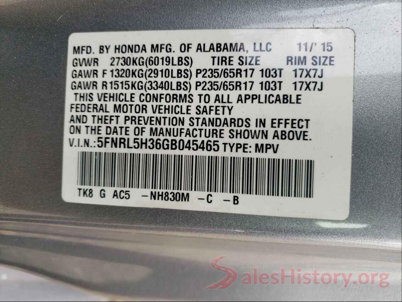 5FNRL5H36GB045465 2016 HONDA ODYSSEY