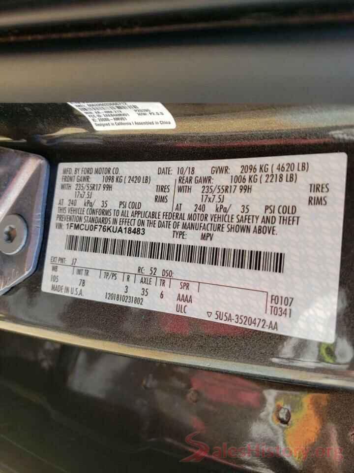 1FMCU0F76KUA18483 2019 FORD ESCAPE