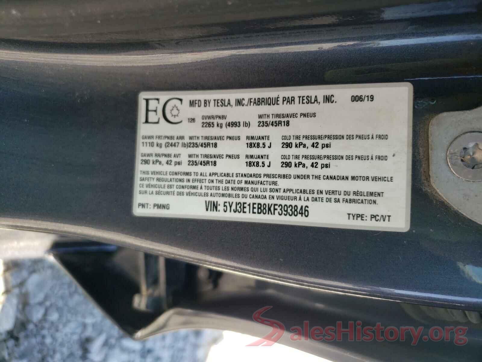 5YJ3E1EB8KF393846 2019 TESLA MODEL 3