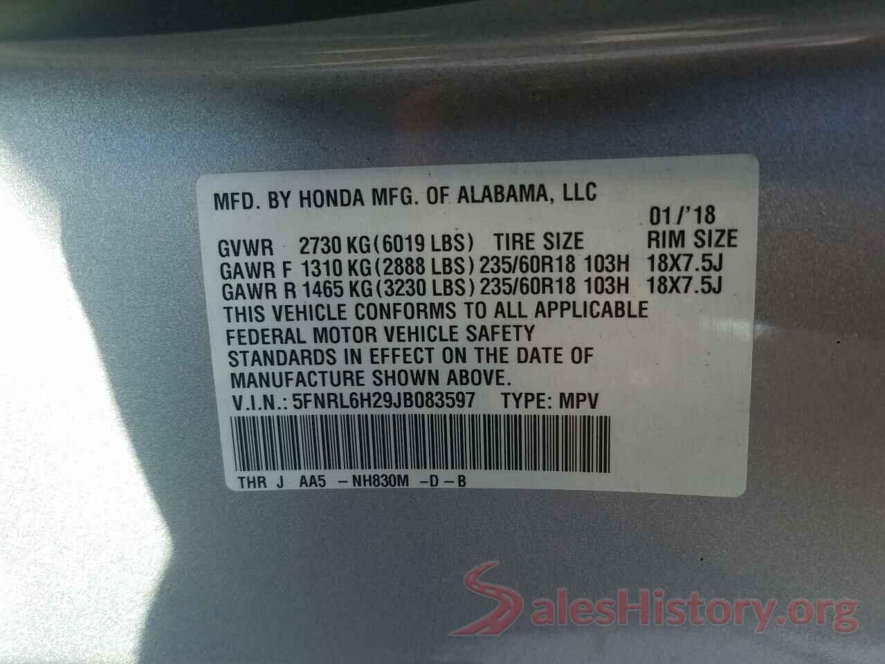 5FNRL6H29JB083597 2018 HONDA ODYSSEY