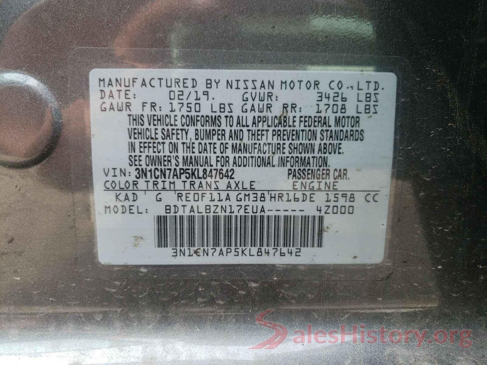 3N1CN7AP5KL847642 2019 NISSAN VERSA