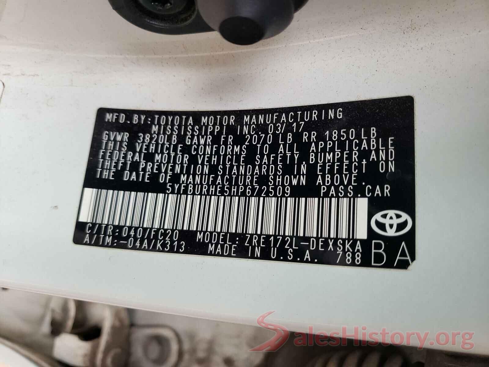 5YFBURHE5HP672509 2017 TOYOTA COROLLA