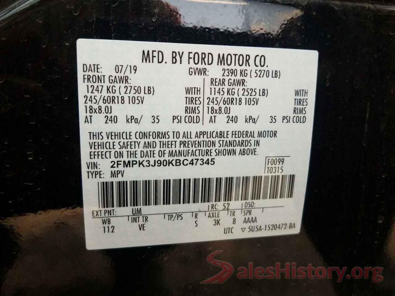 2FMPK3J90KBC47345 2019 FORD EDGE