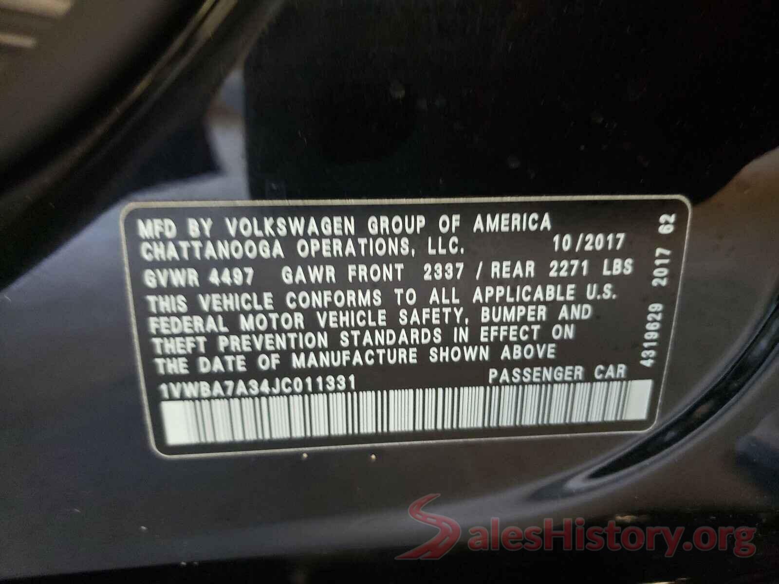 1VWBA7A34JC011331 2018 VOLKSWAGEN PASSAT