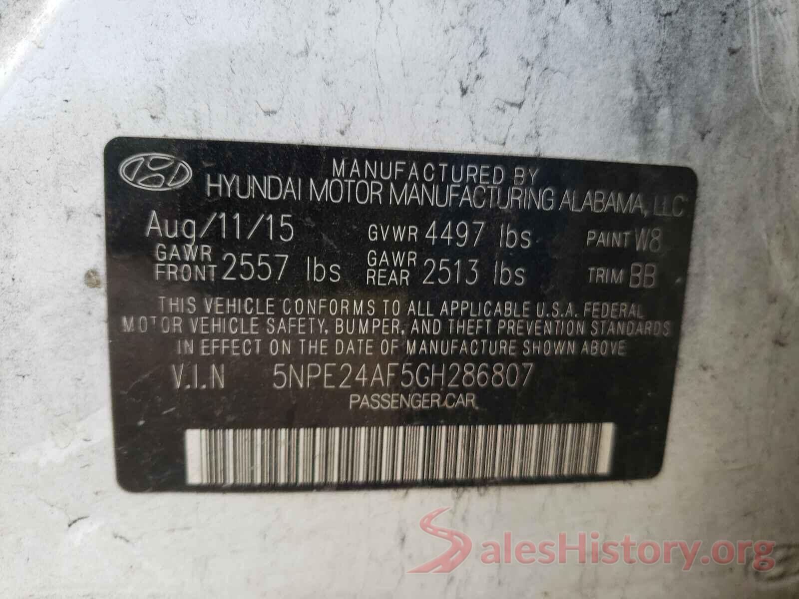 5NPE24AF5GH286807 2016 HYUNDAI SONATA