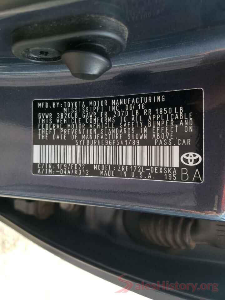 5YFBURHE9GP541789 2016 TOYOTA COROLLA