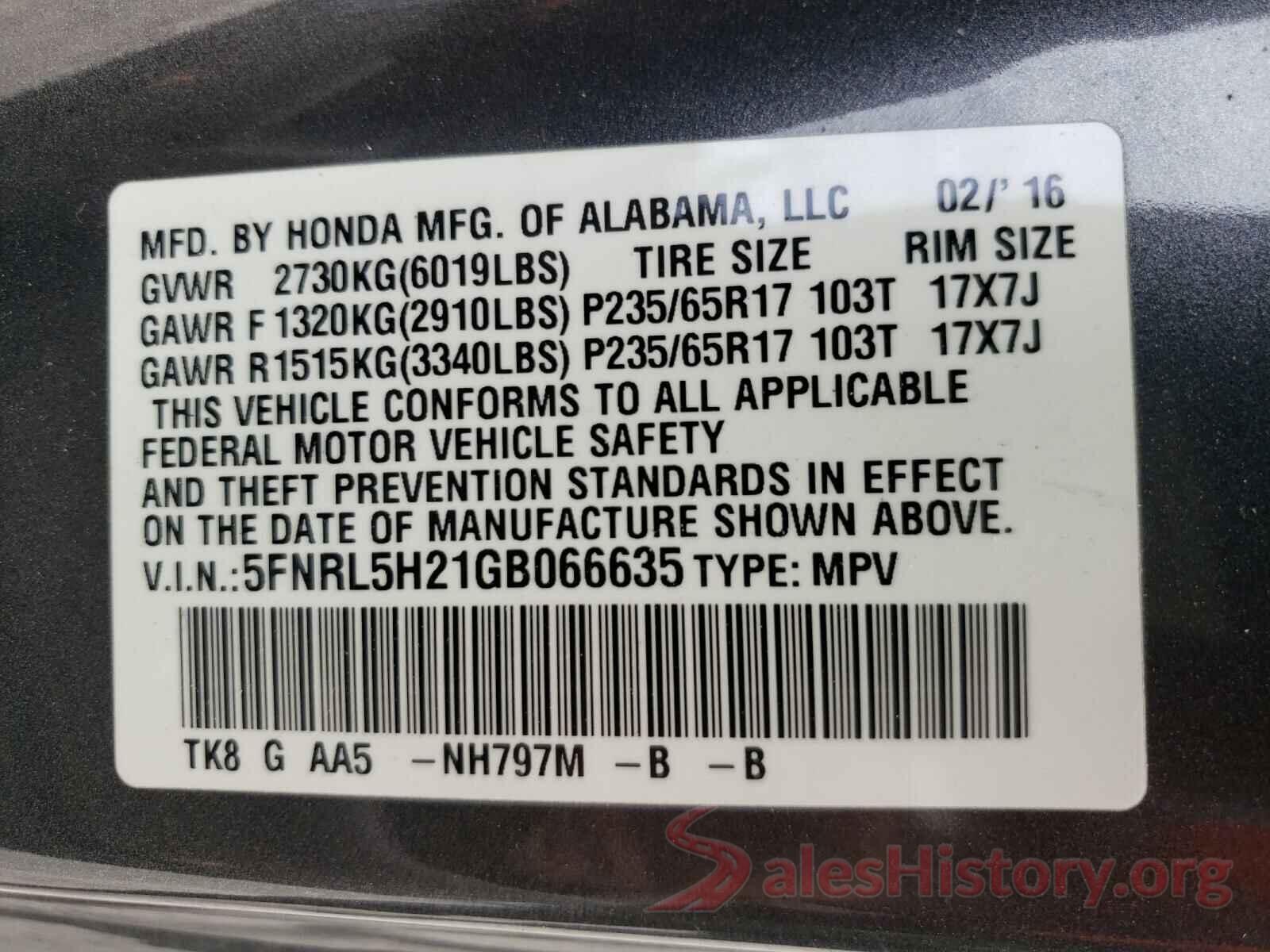 5FNRL5H21GB066635 2016 HONDA ODYSSEY