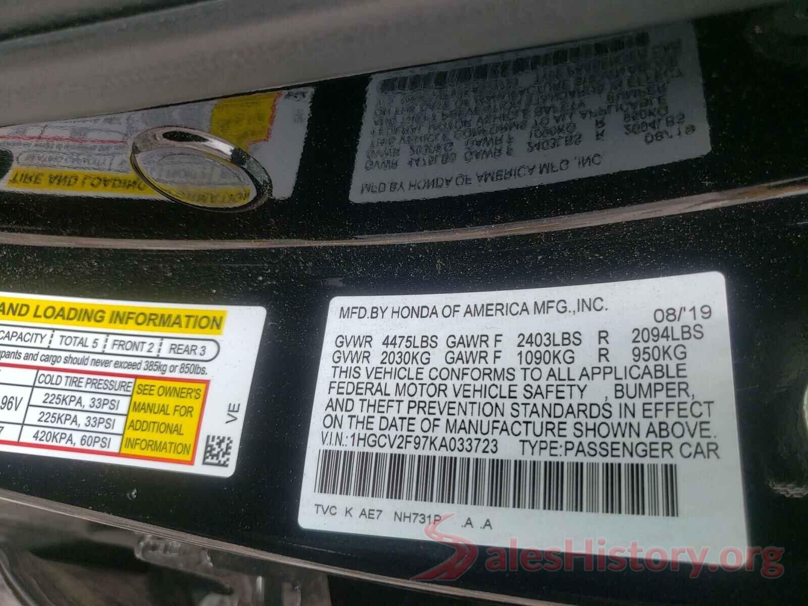 1HGCV2F97KA033723 2019 HONDA ACCORD