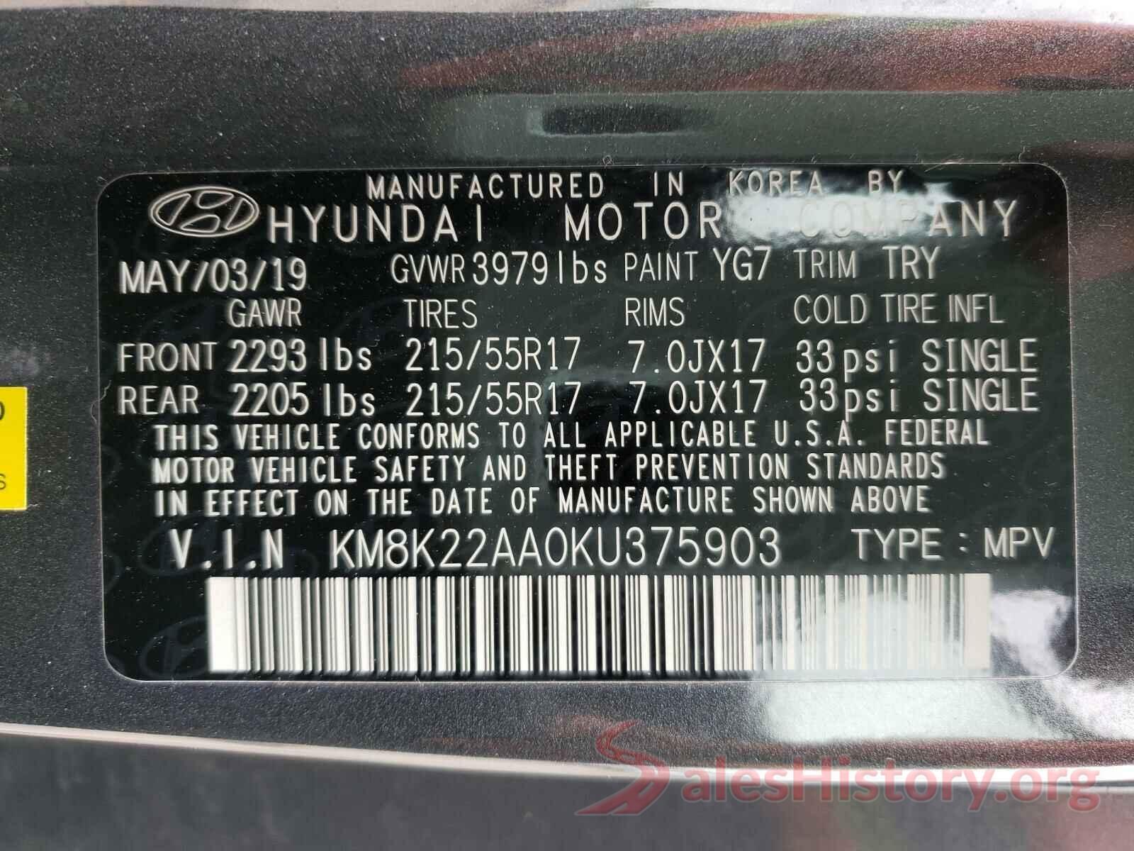 KM8K22AA0KU375903 2019 HYUNDAI KONA