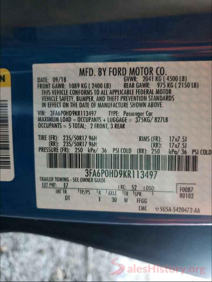 3FA6P0HD9KR113497 2019 FORD FUSION