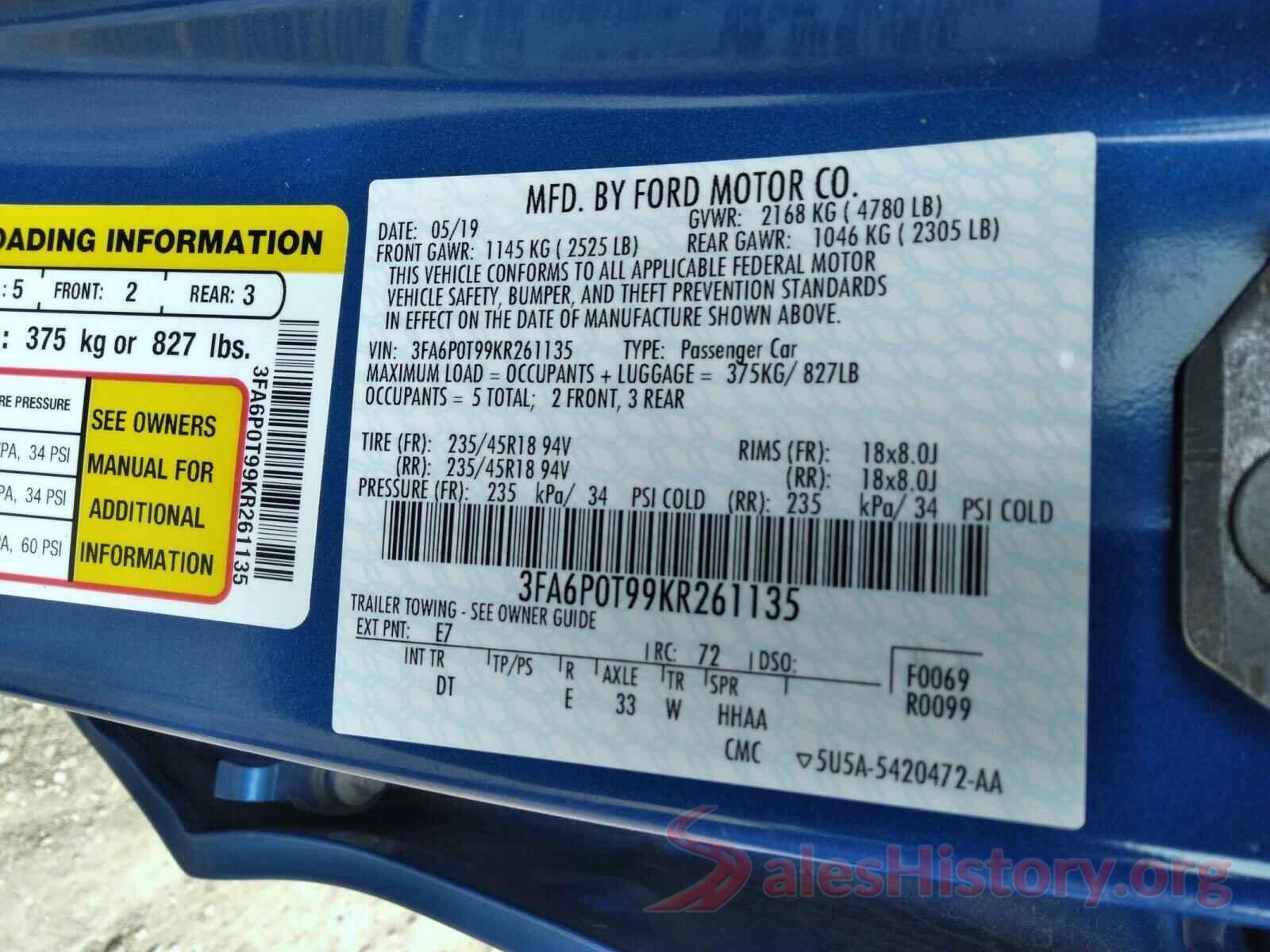 3FA6P0T99KR261135 2019 FORD FUSION