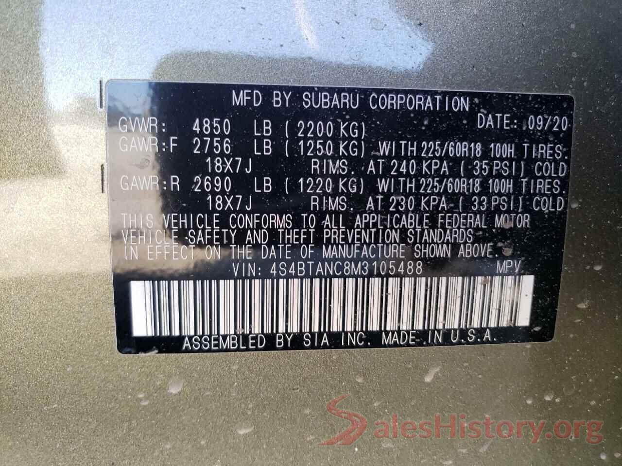 4S4BTANC8M3105488 2021 SUBARU OUTBACK