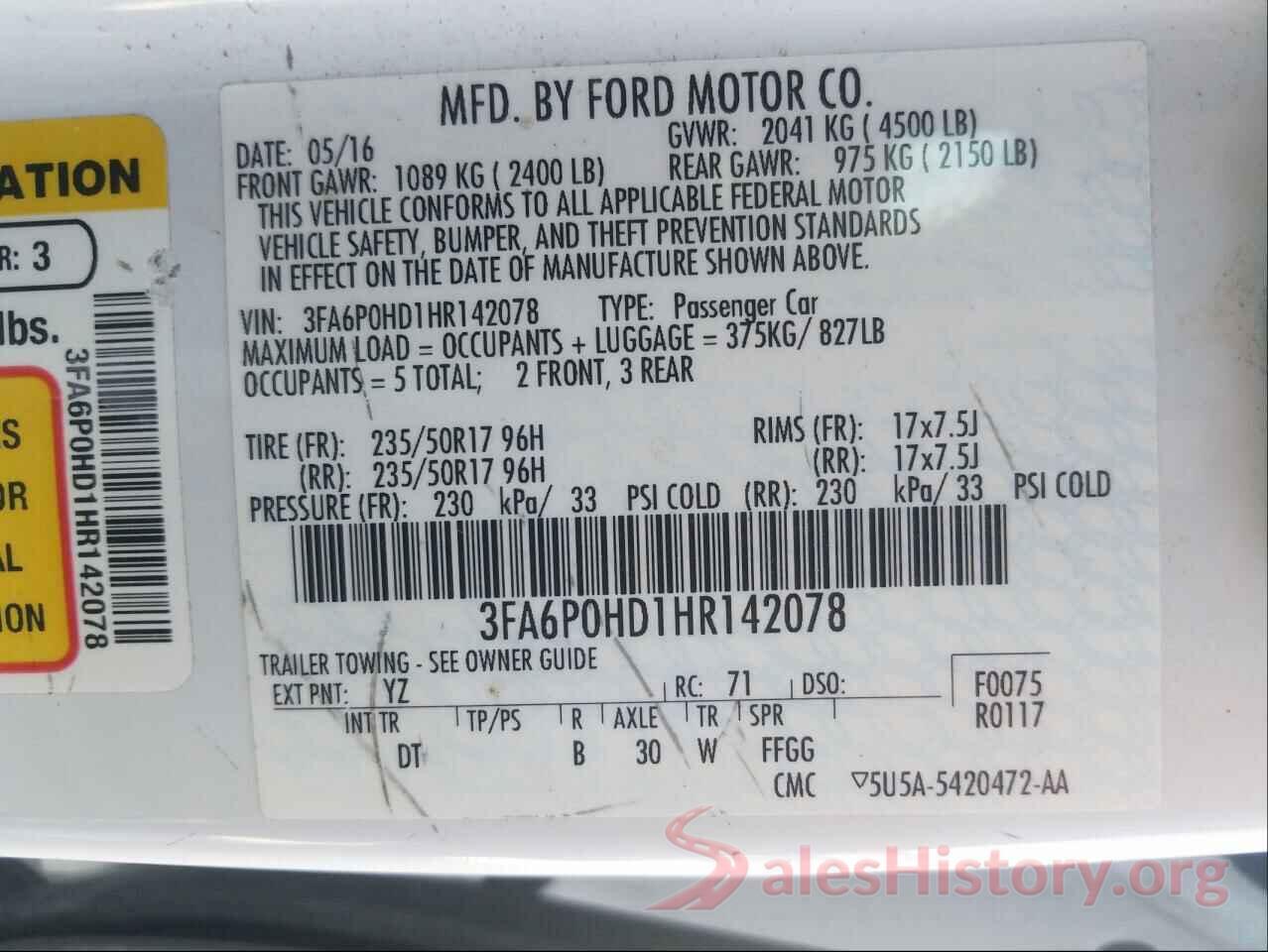 3FA6P0HD1HR142078 2017 FORD FUSION