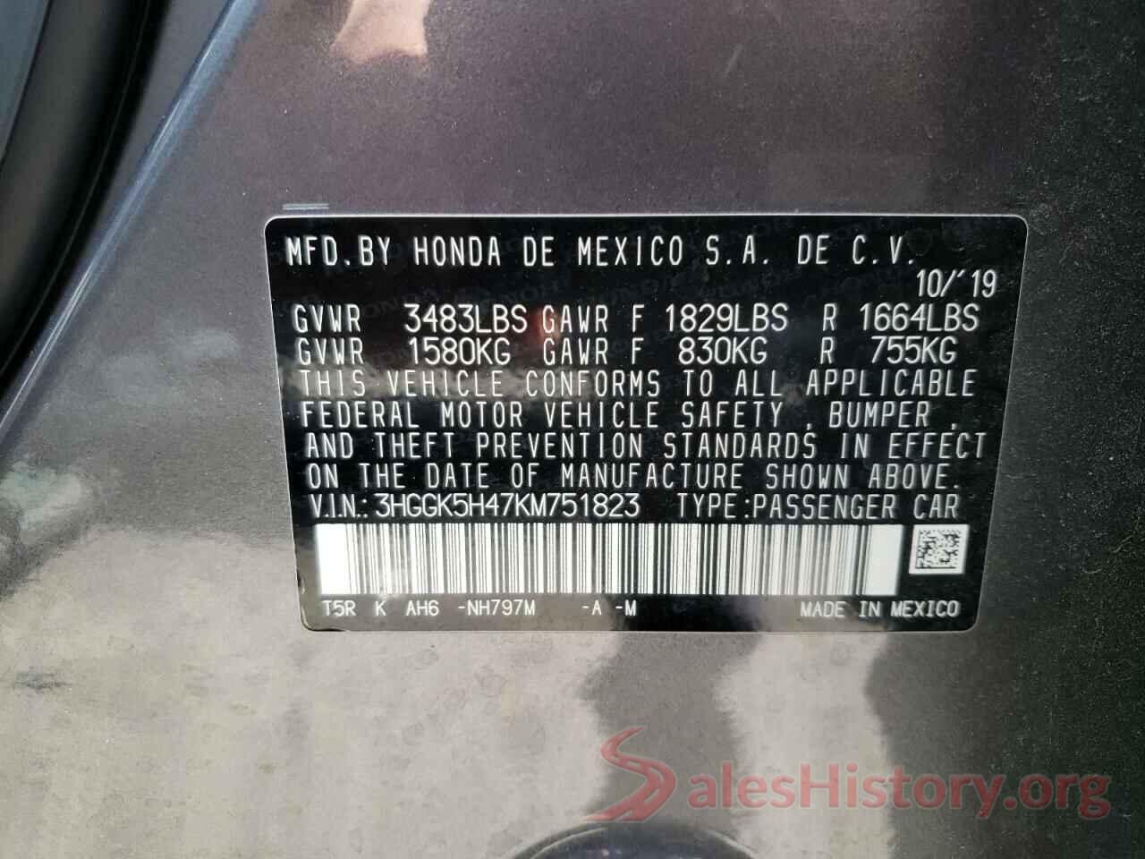 3HGGK5H47KM751823 2019 HONDA FIT