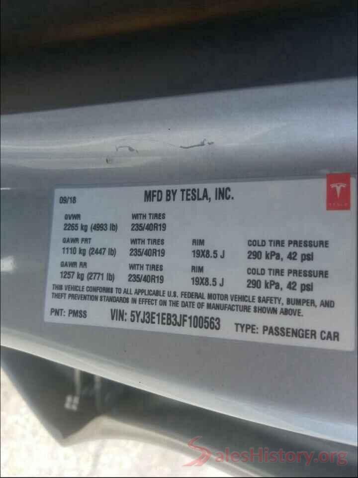 5YJ3E1EB3JF100563 2018 TESLA MODEL 3