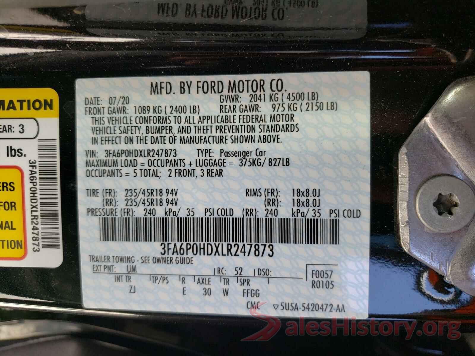 3FA6P0HDXLR247873 2020 FORD FUSION