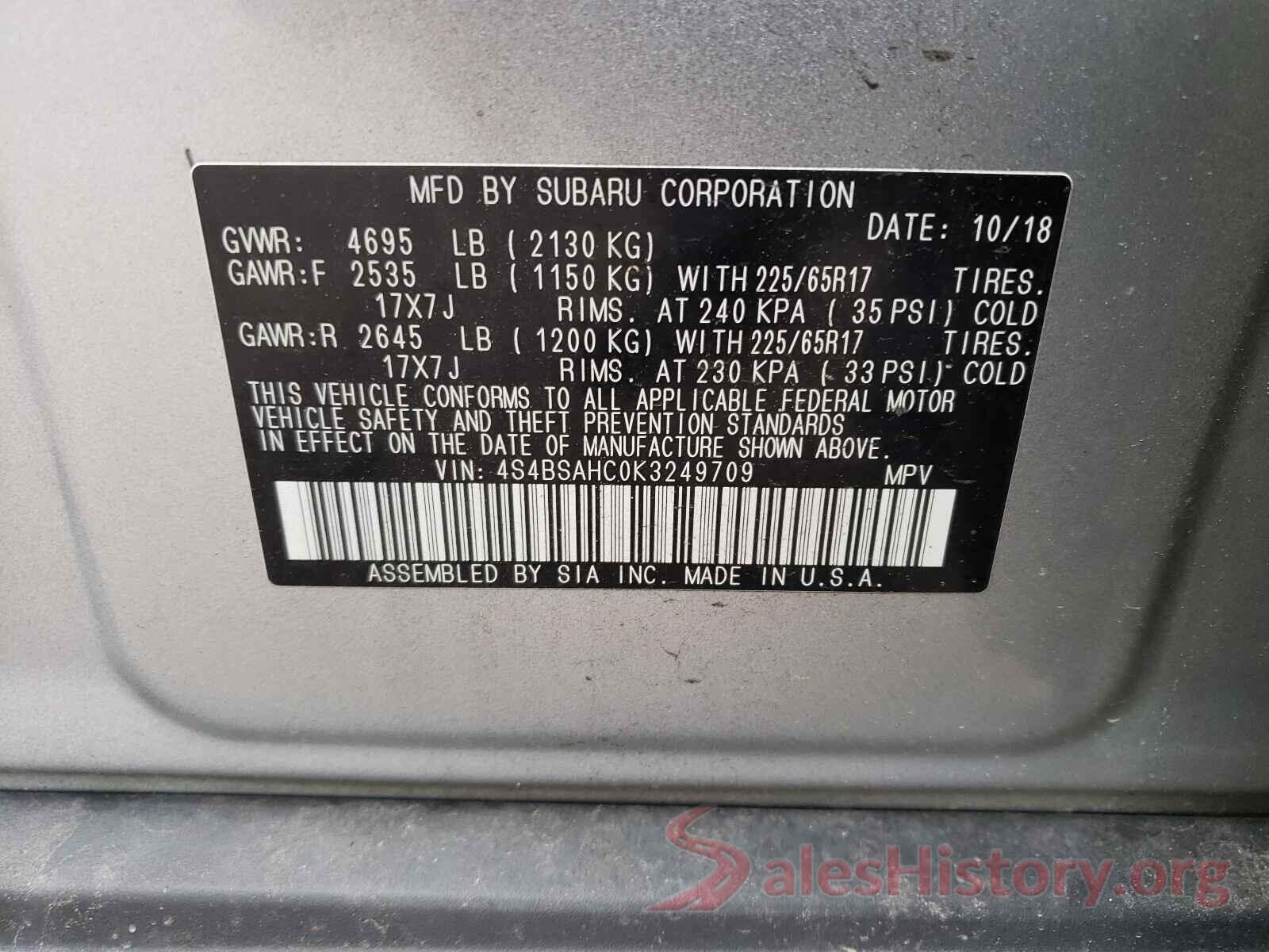 4S4BSAHC0K3249709 2019 SUBARU OUTBACK