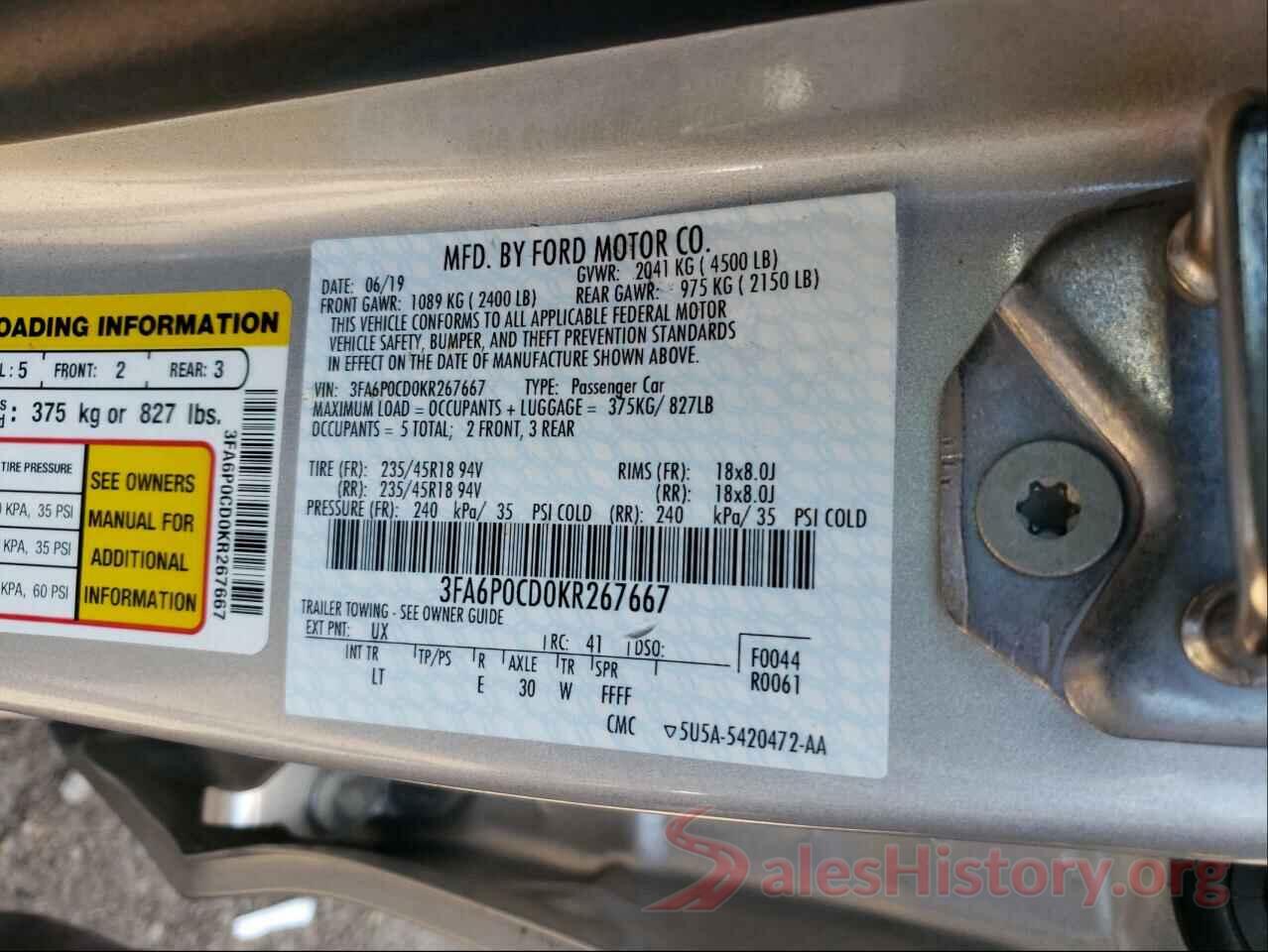 3FA6P0CD0KR267667 2019 FORD FUSION