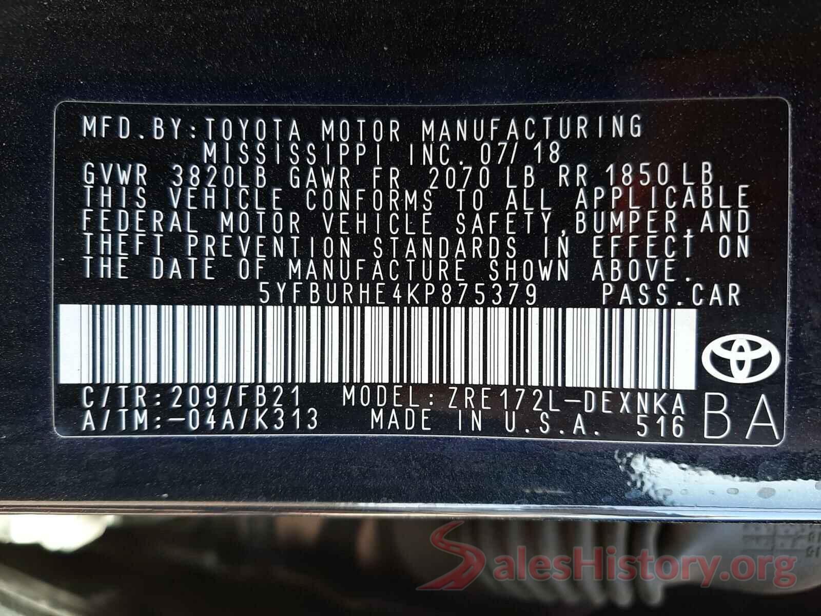 5YFBURHE4KP875379 2019 TOYOTA COROLLA