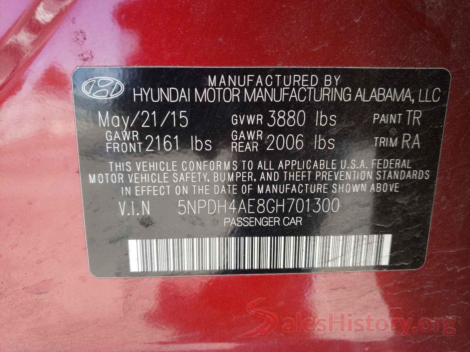 5NPDH4AE8GH701300 2016 HYUNDAI ELANTRA