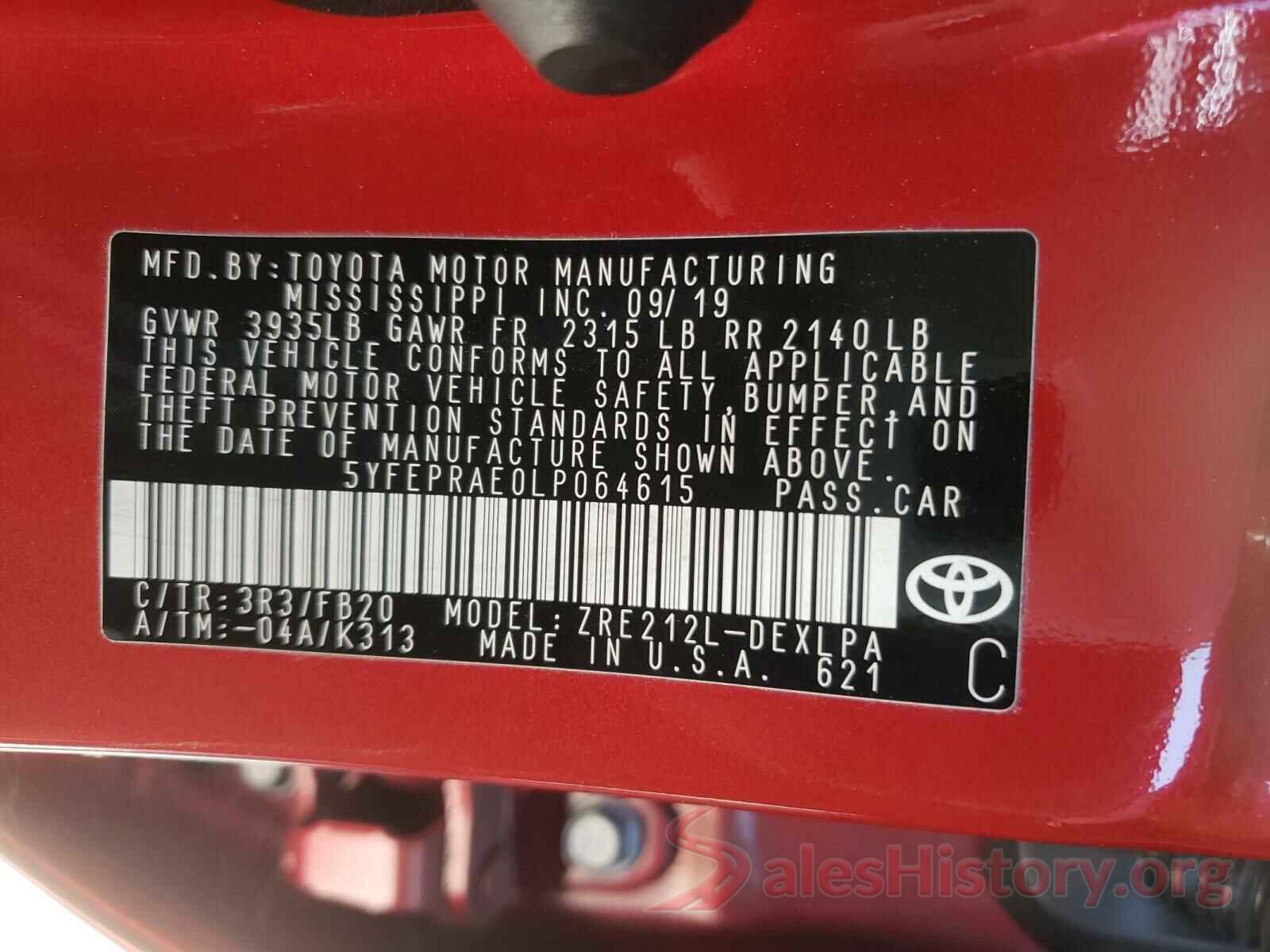 5YFEPRAE0LP064615 2020 TOYOTA COROLLA