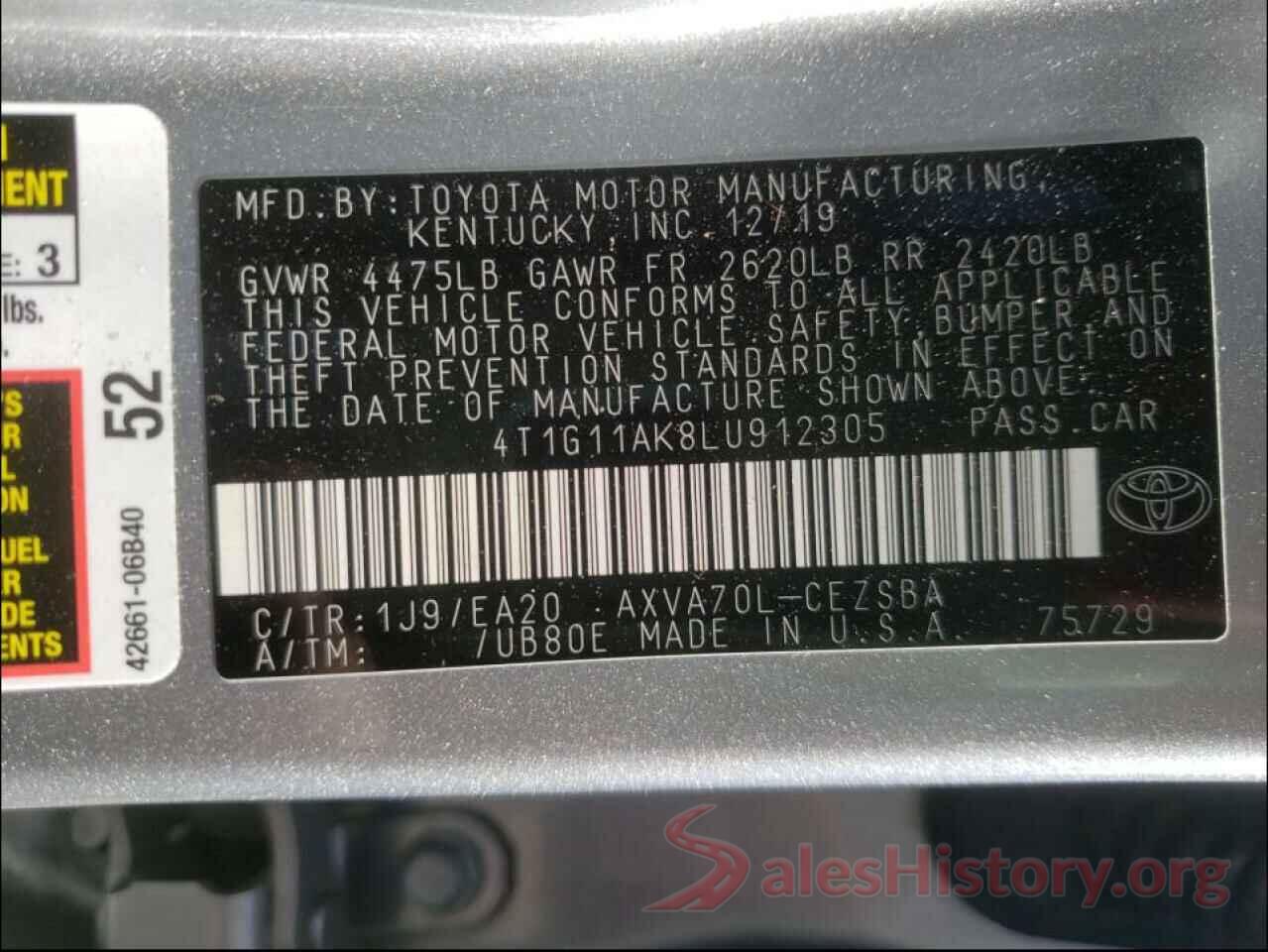 4T1G11AK8LU912305 2020 TOYOTA CAMRY