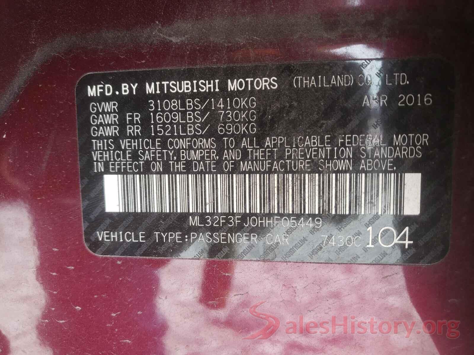 ML32F3FJ0HHF05449 2017 MITSUBISHI MIRAGE