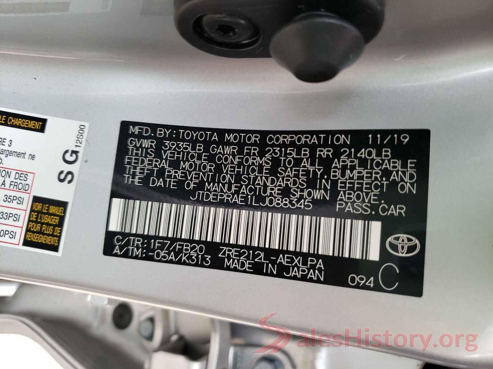 JTDEPRAE1LJ088345 2020 TOYOTA COROLLA