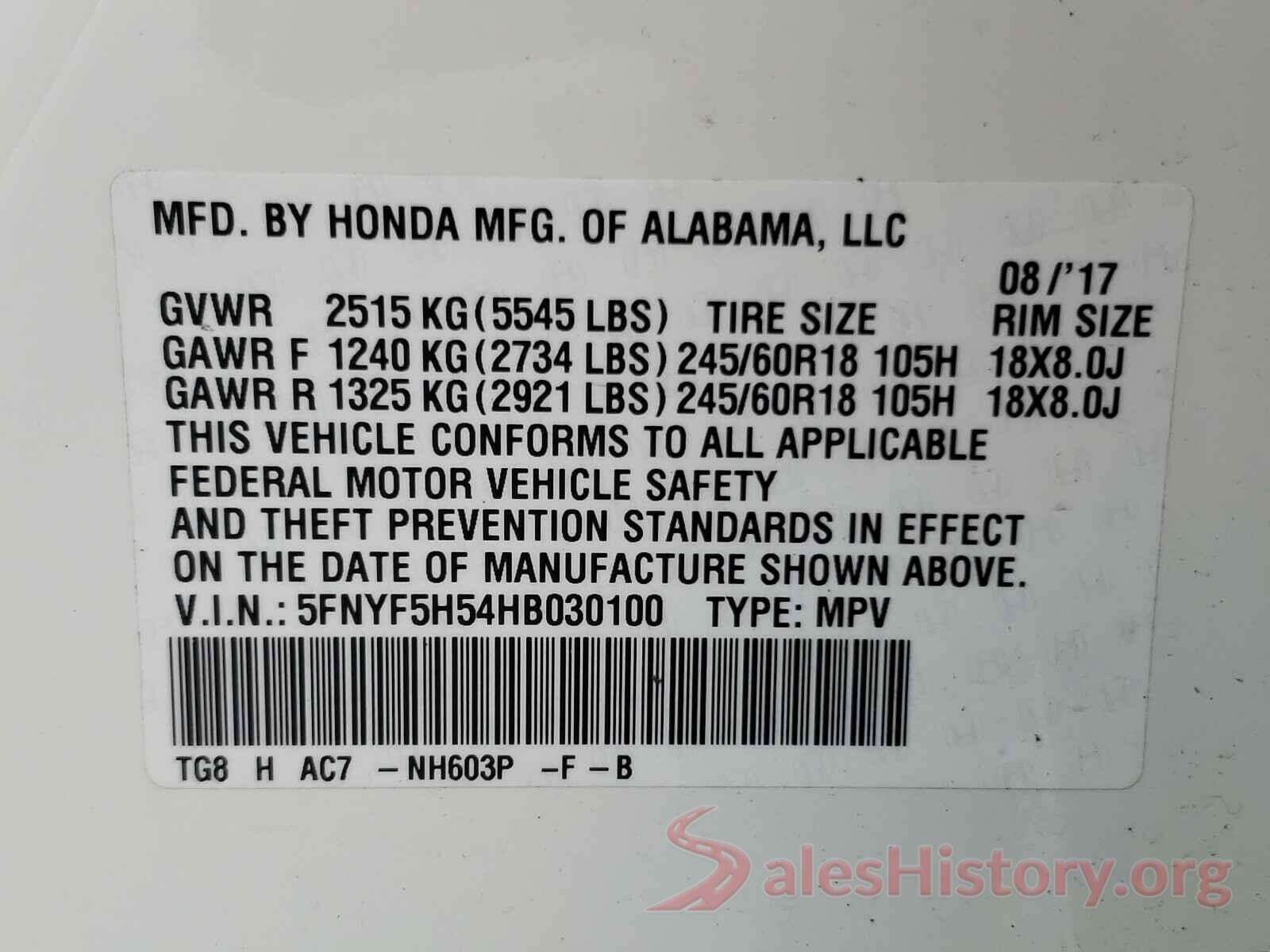 5FNYF5H54HB030100 2017 HONDA PILOT