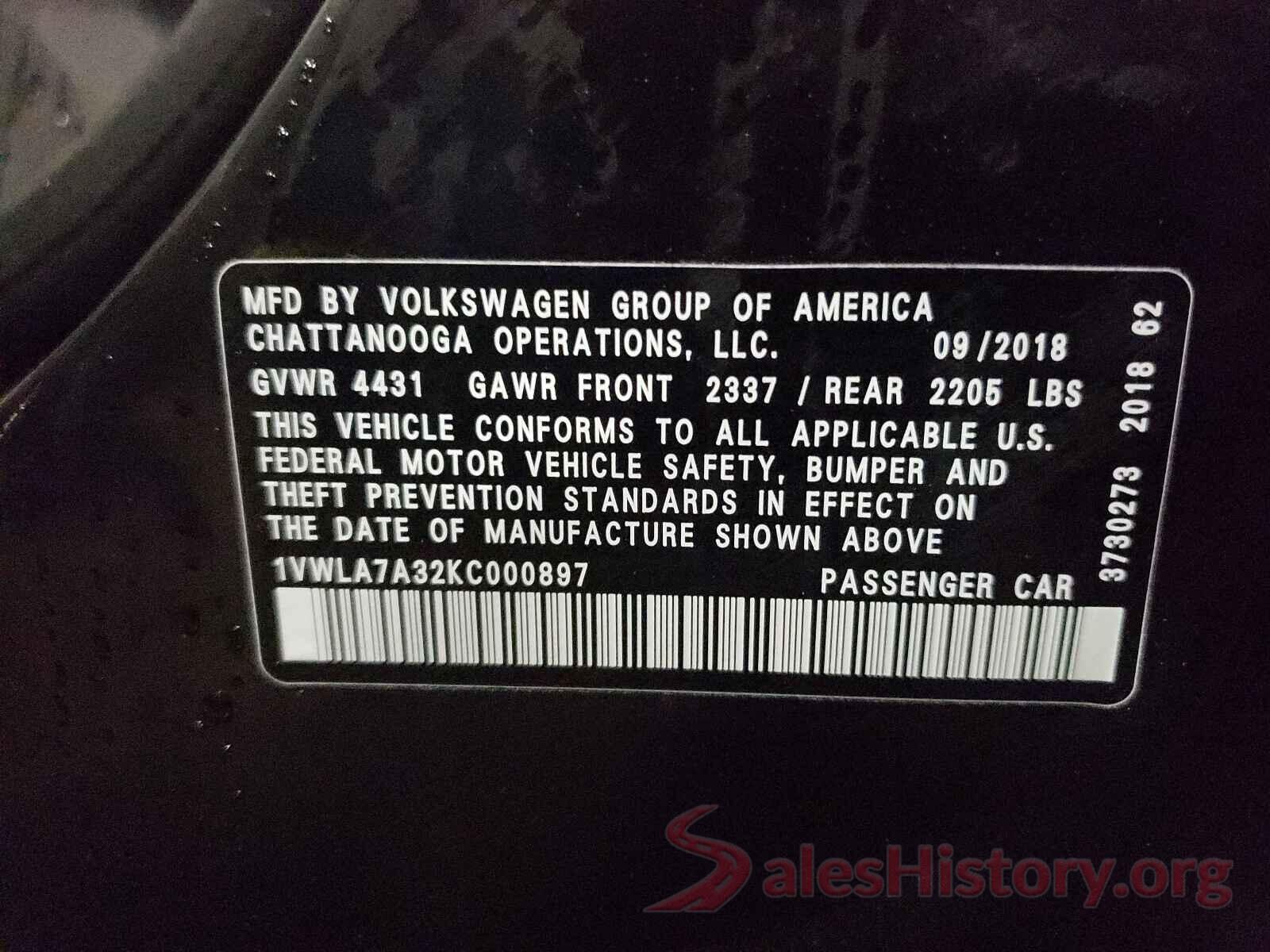 1VWLA7A32KC000897 2019 VOLKSWAGEN PASSAT