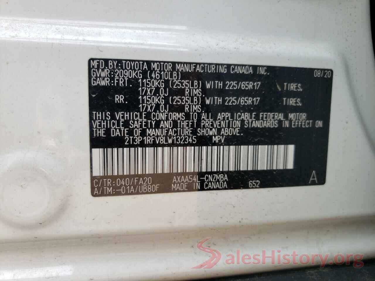 2T3P1RFV8LW132345 2020 TOYOTA RAV4