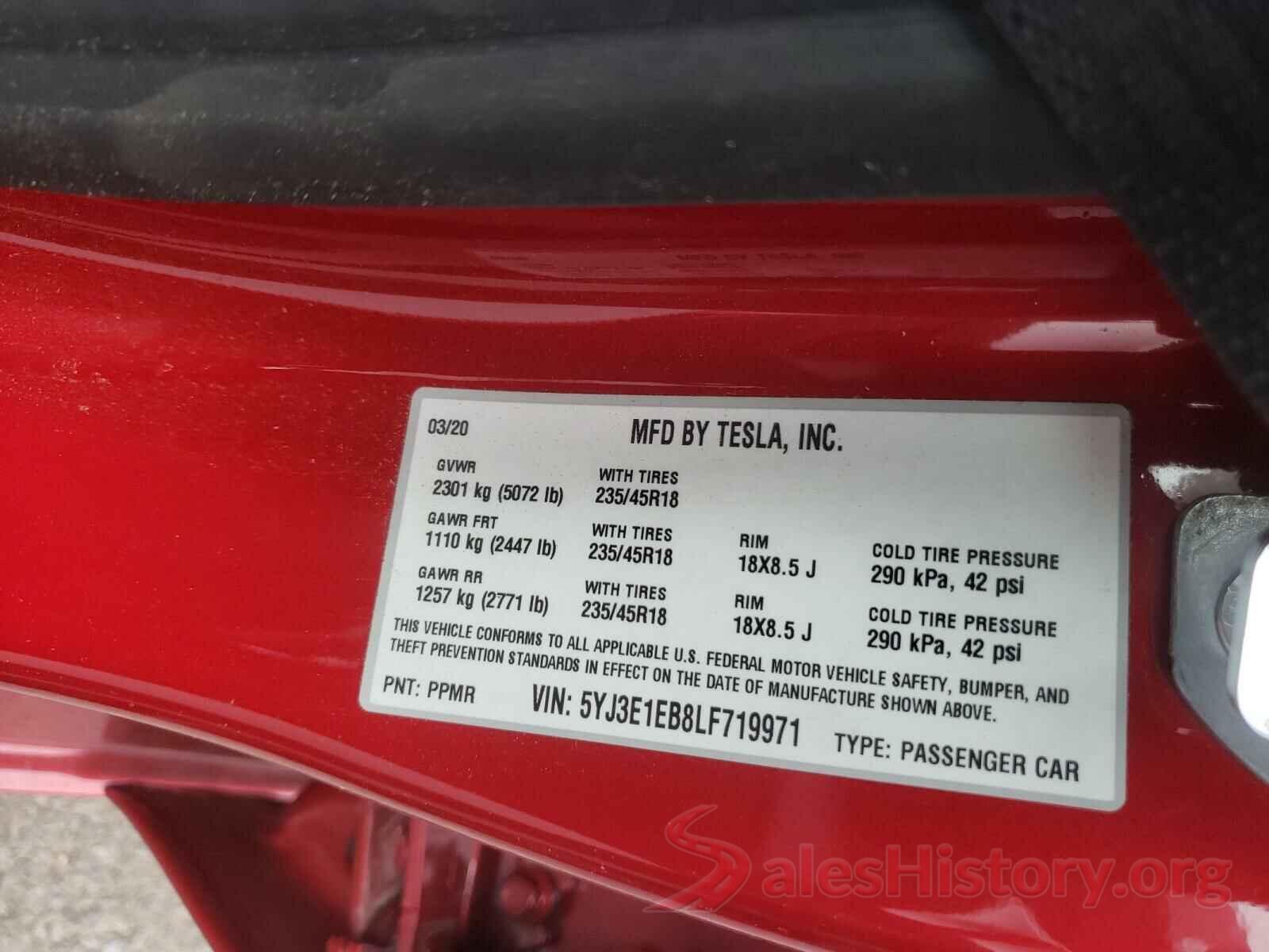 5YJ3E1EB8LF719971 2020 TESLA MODEL 3