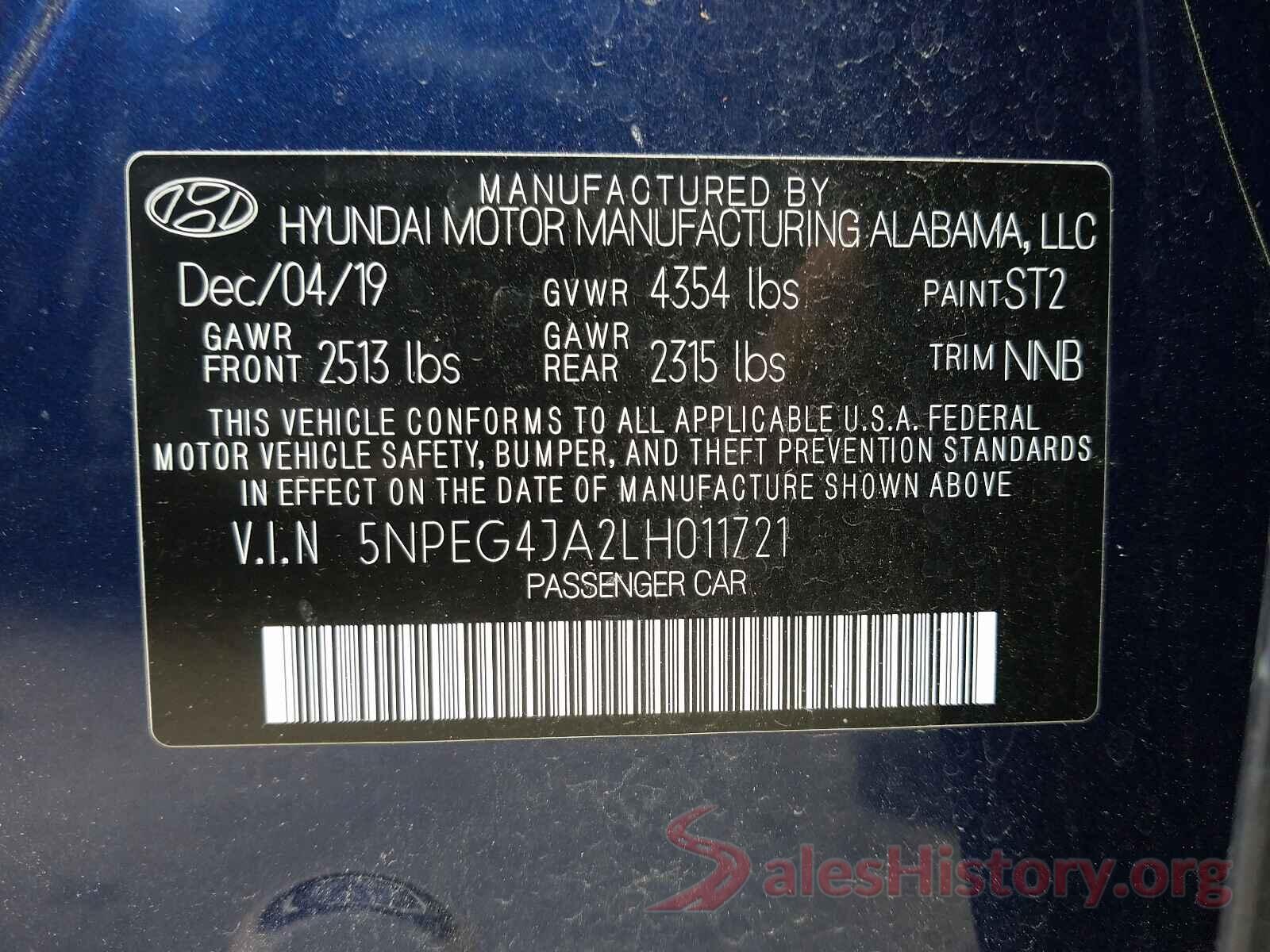 5NPEG4JA2LH011721 2020 HYUNDAI SONATA