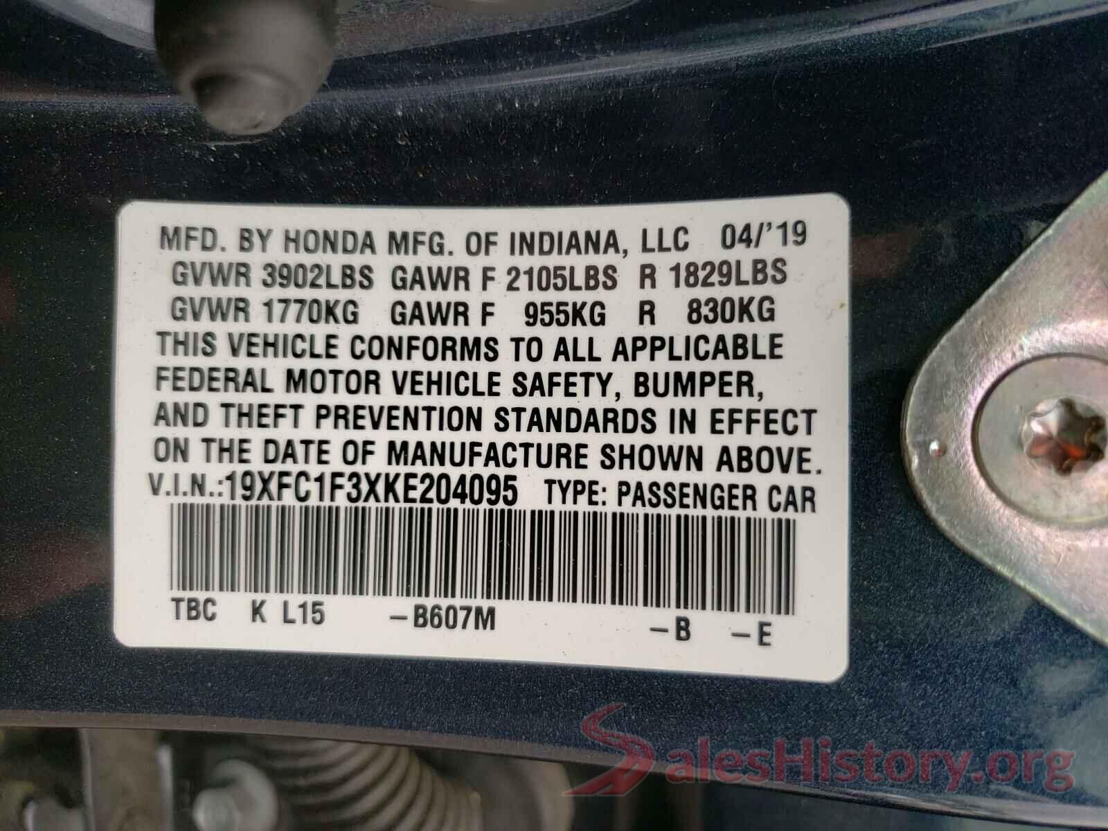 19XFC1F3XKE204095 2019 HONDA CIVIC