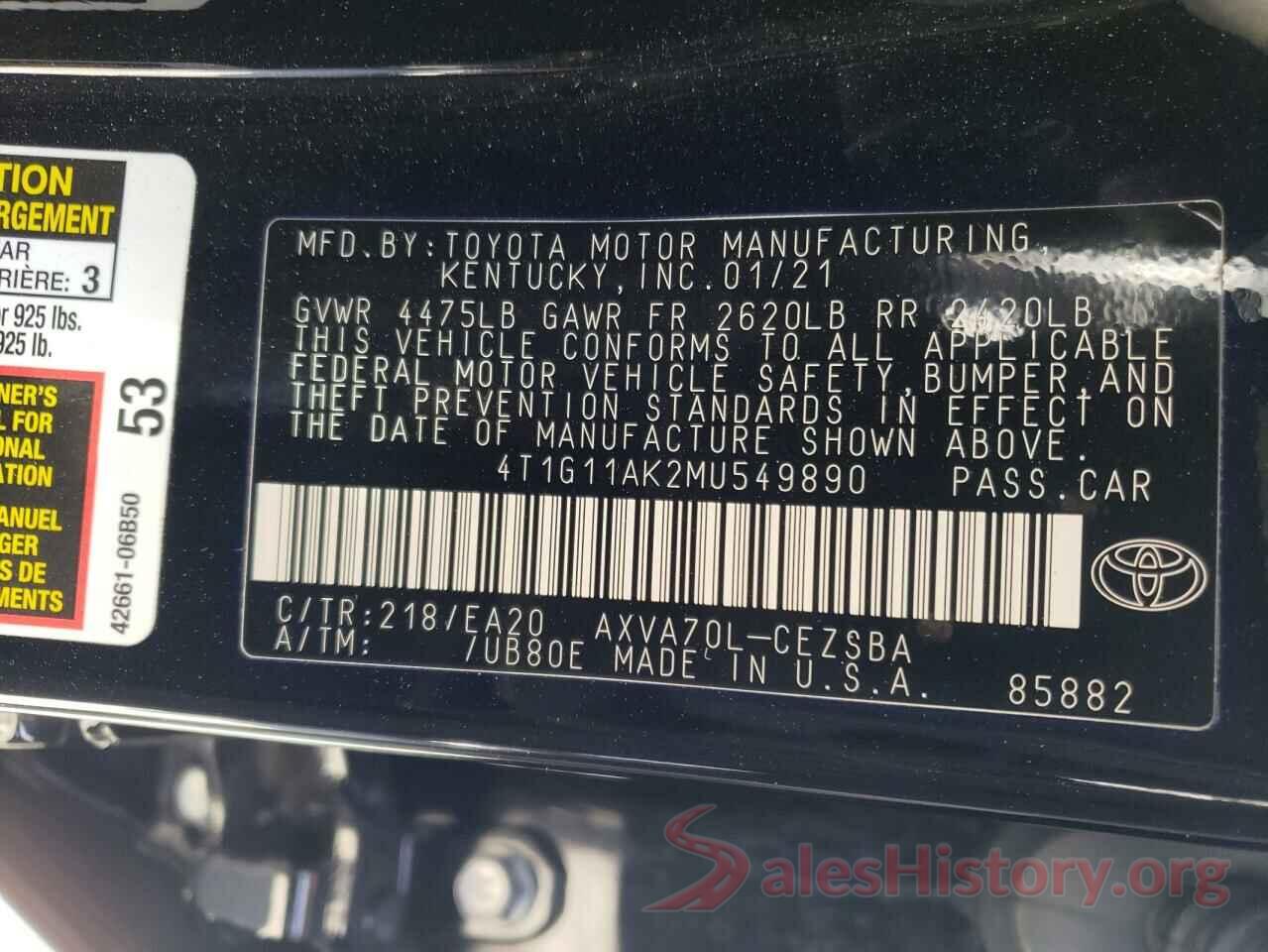 4T1G11AK2MU549890 2021 TOYOTA CAMRY