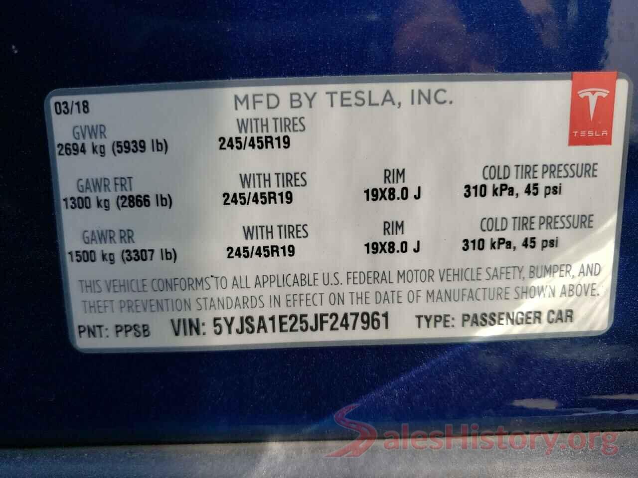 5YJSA1E25JF247961 2018 TESLA MODEL S