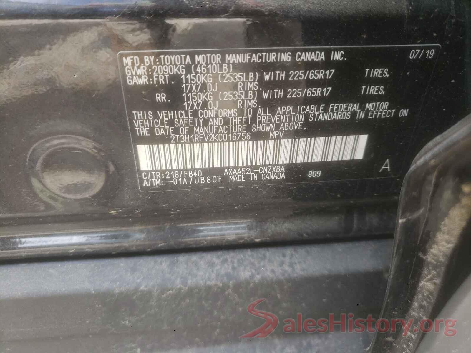 2T3H1RFV2KC016756 2019 TOYOTA RAV4