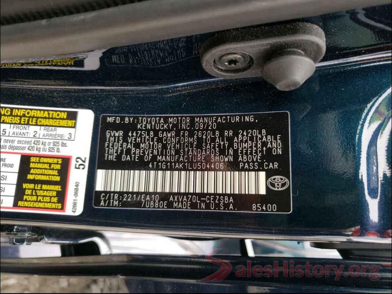 4T1G11AK1LU504406 2020 TOYOTA CAMRY