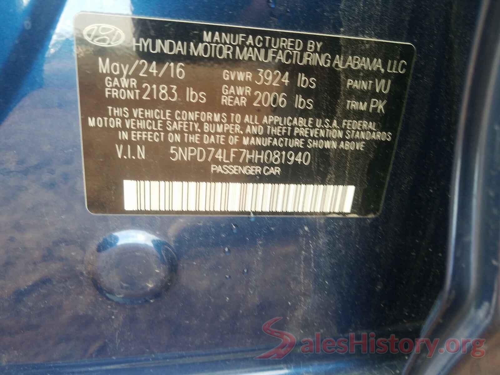 5NPD74LF7HH081940 2017 HYUNDAI ELANTRA