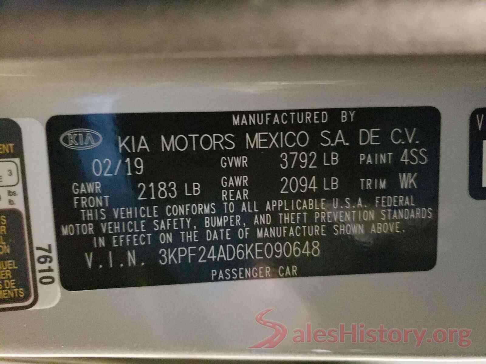 3KPF24AD6KE090648 2019 KIA FORTE