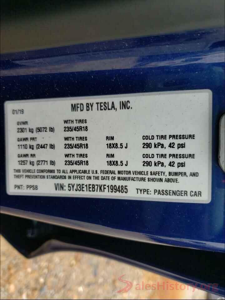 5YJ3E1EB7KF199485 2019 TESLA MODEL 3