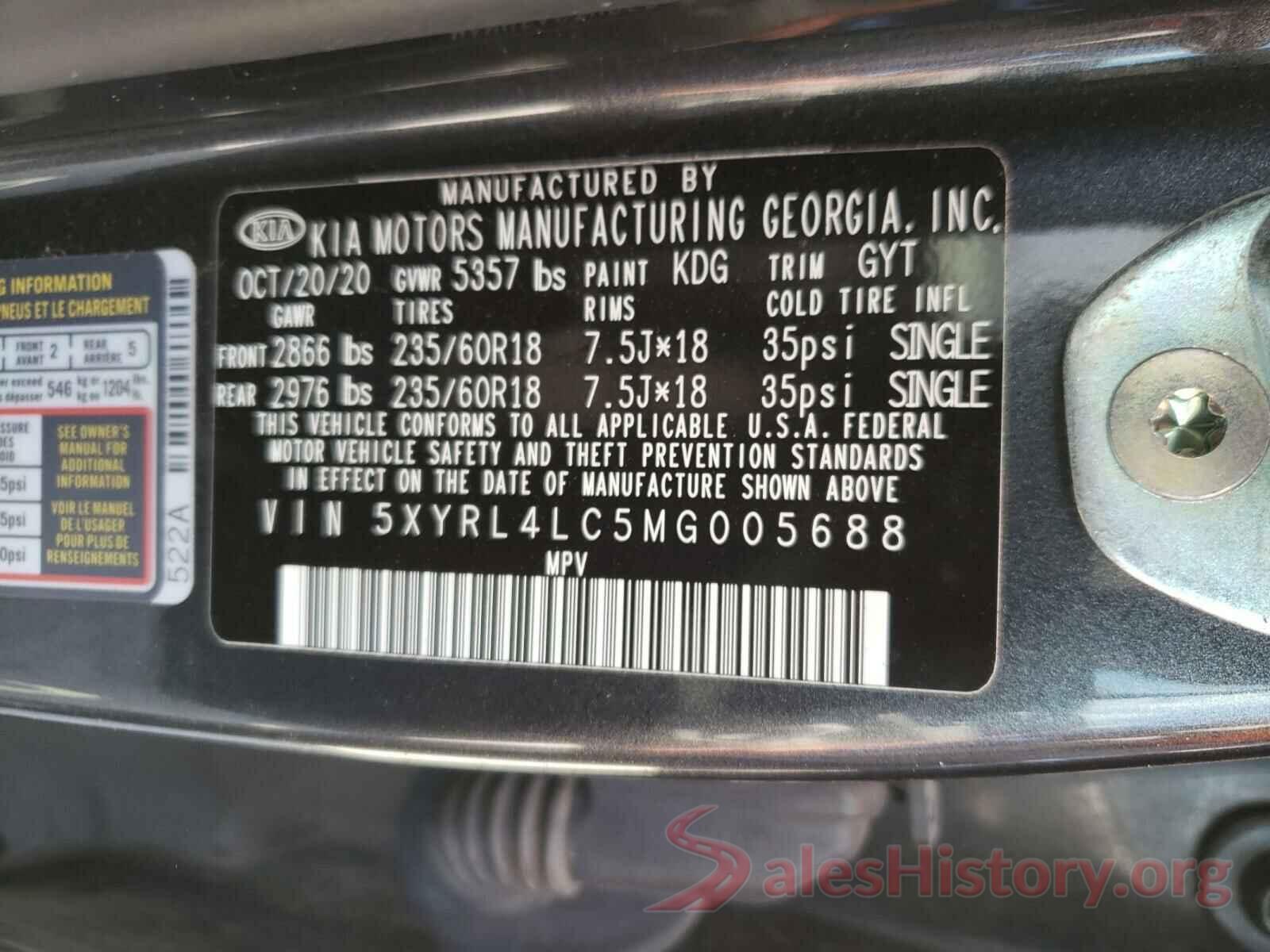 5XYRL4LC5MG005688 2021 KIA SORENTO