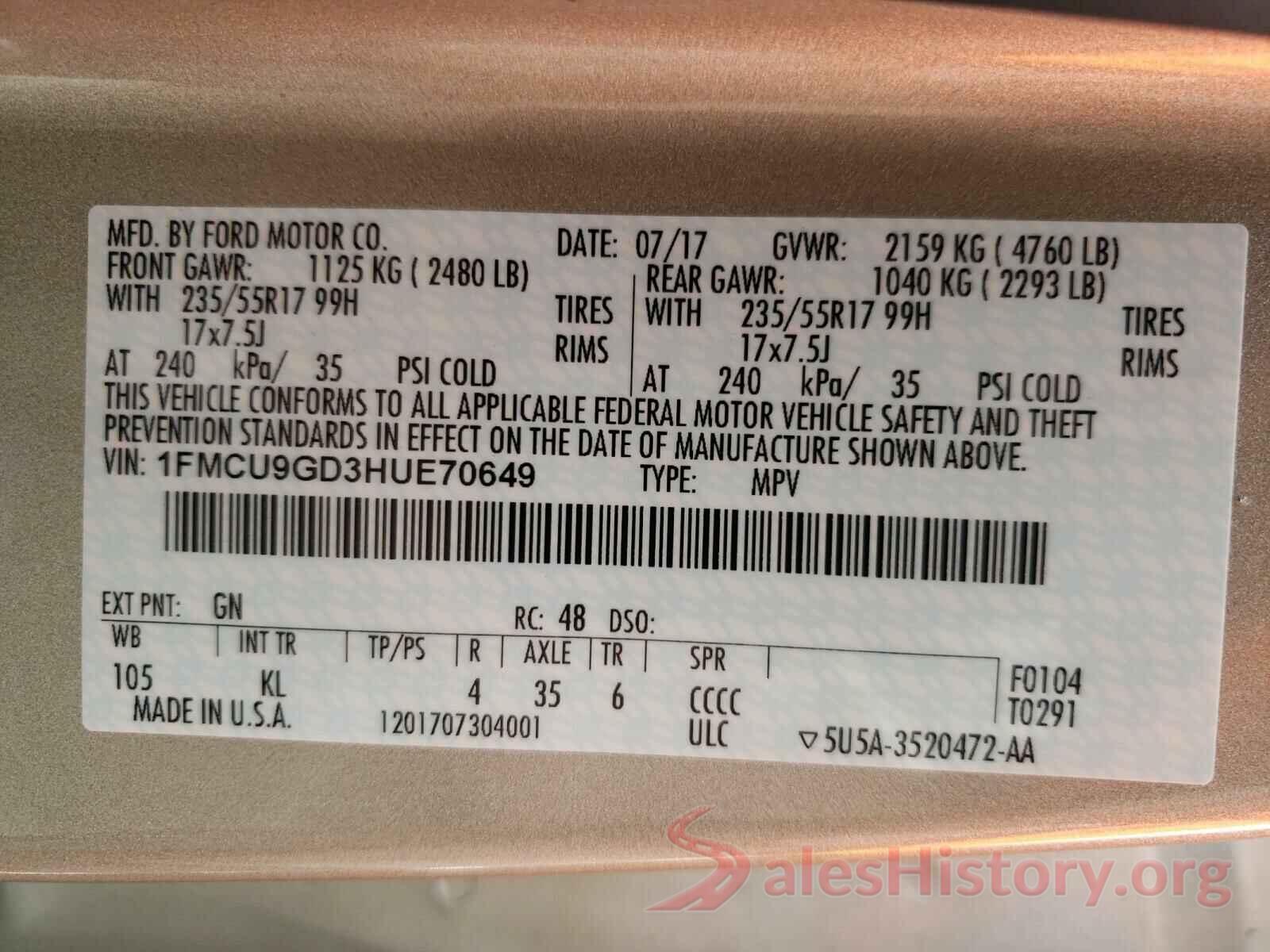 1FMCU9GD3HUE70649 2017 FORD ESCAPE